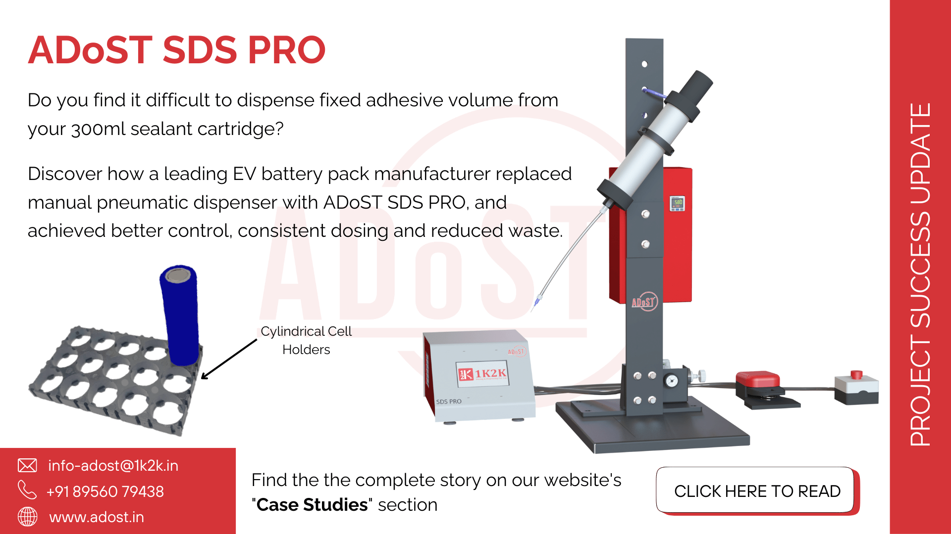 ADoST SDS PRO dispensing system for EV battery cylindrical cell holders.