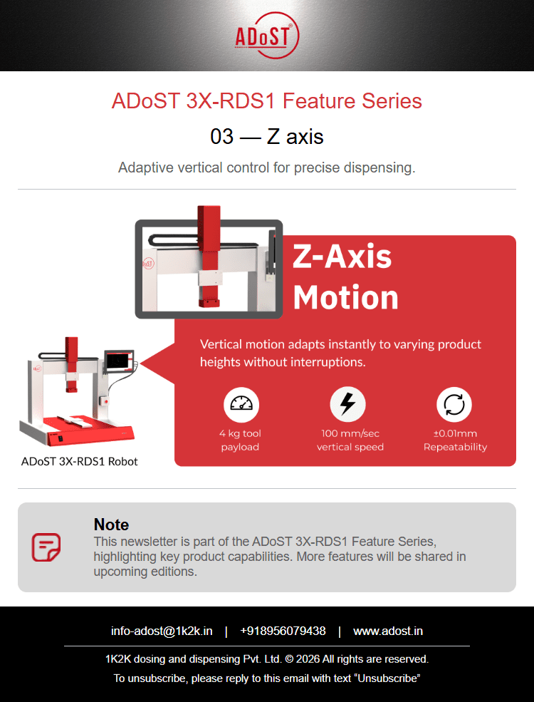 ADoST 3X-RDS1 Feature Series 03 highlighting Z-axis motion with adaptive vertical control for precise dispensing.