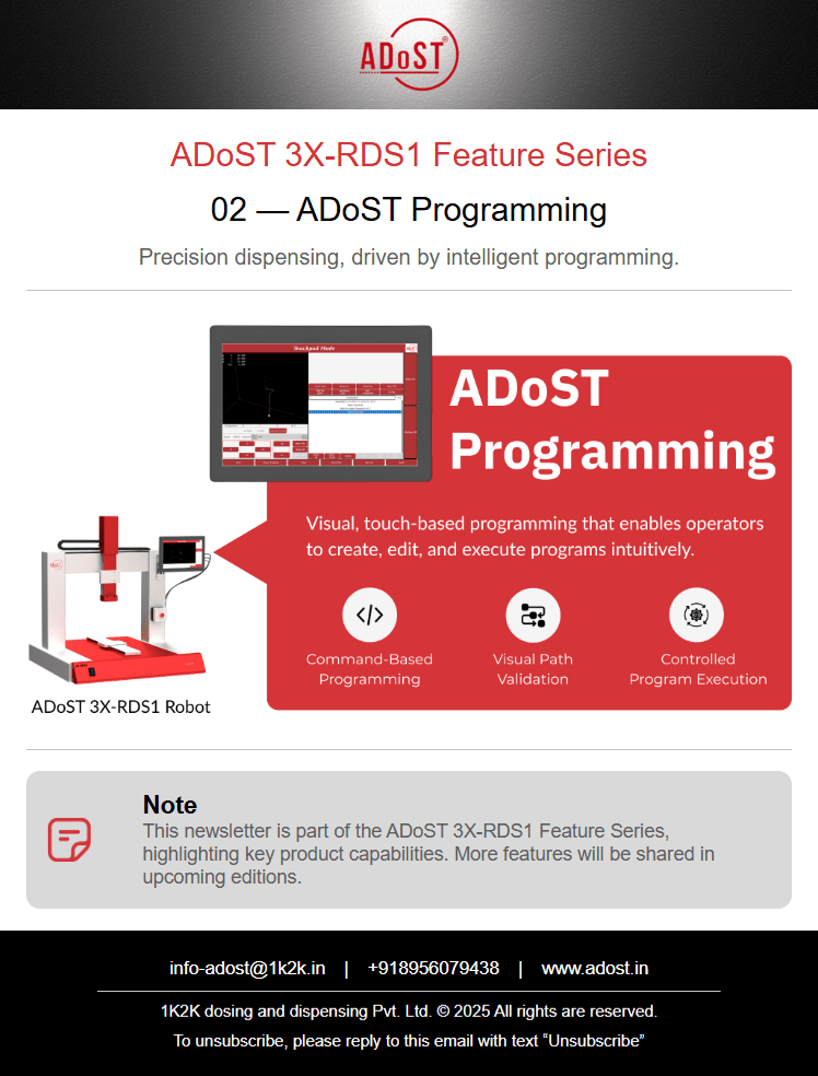 ADoST 3X-RDS1 Feature Series 02 highlighting ADoST Programming with visual touch-based dispensing control.