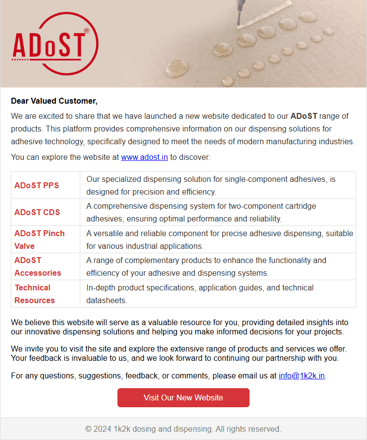ADoST website launch announcement with dispensing machines, PPS, CDS, pinch valves and accessories.