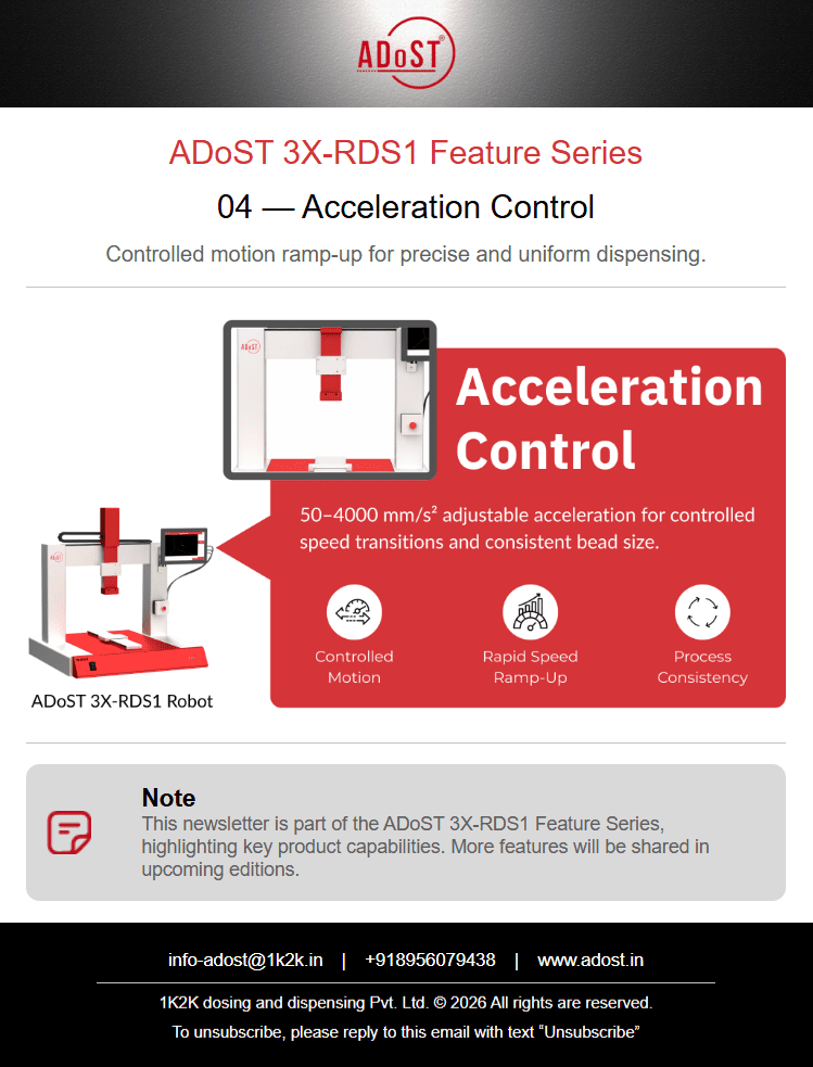 ADoST 3X-RDS1 Feature Series 04 highlighting Acceleration Control for precise, consistent dispensing with controlled speed ramp-up.